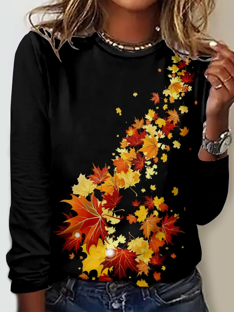 Casual Crew Neck Long Sleeve Leaf Fashion Regular T-Shirt
