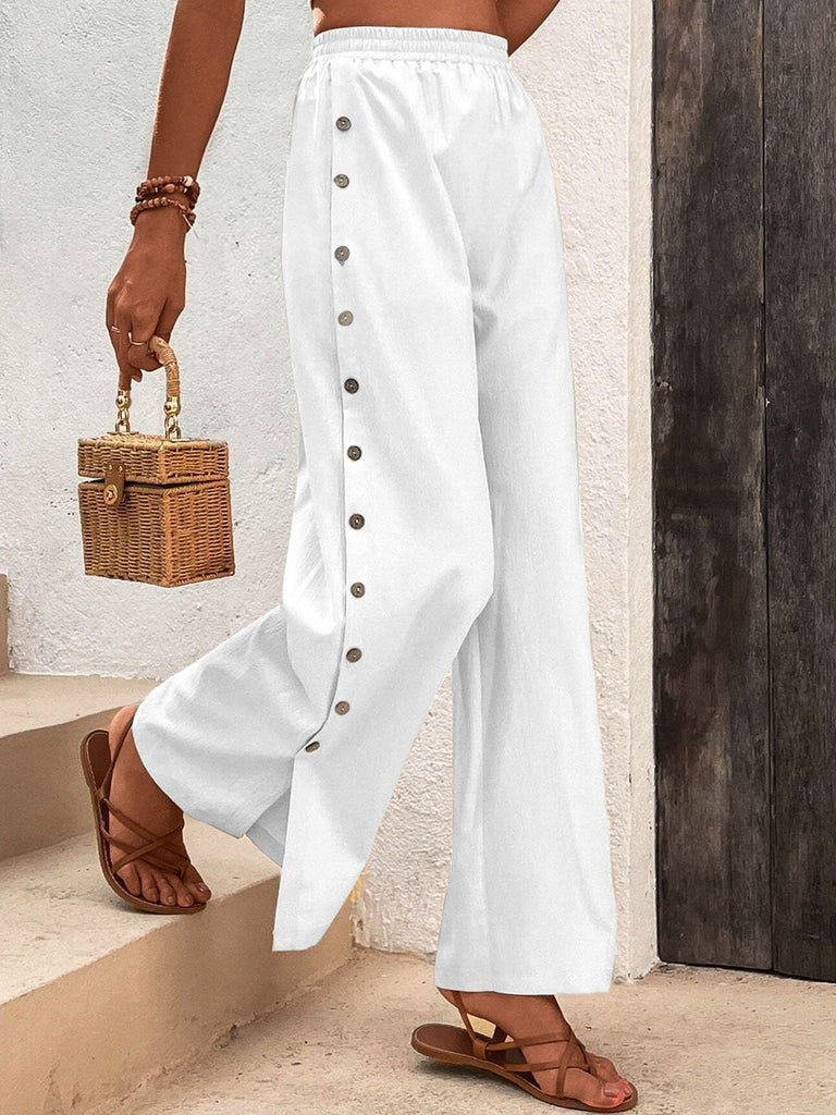 Fashion Plain Buckle Loose Long Pants