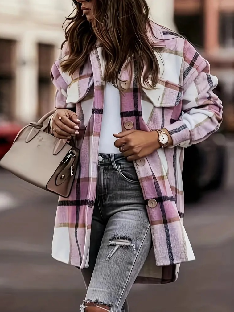 Loose Shirt Collar Long Sleeve Plaid Fashion Regular Jacket