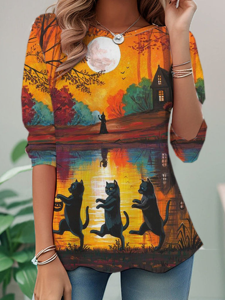 Fashion Crew Neck Long Sleeve Halloween Casual Regular T-Shirt