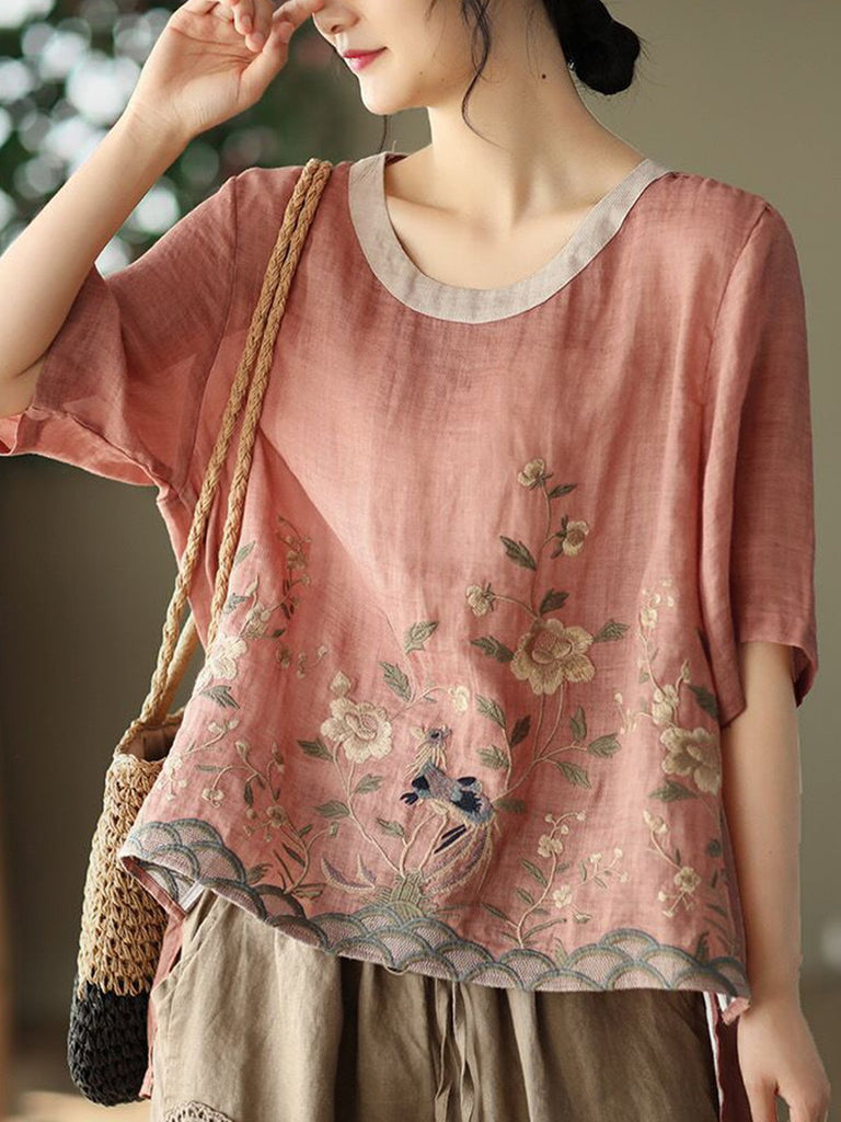 Fashion Short Sleeve Crew Neck Floral Loose Regular Blouse