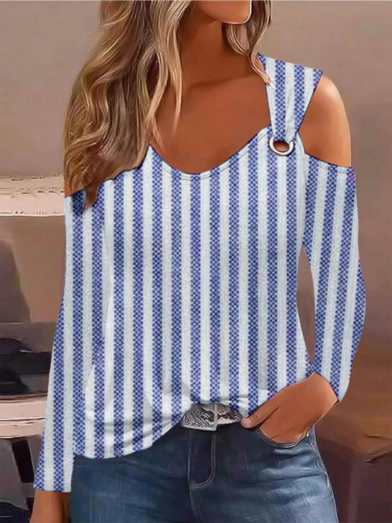 Fashion Crew Neck Long Sleeve Striped Loose Regular T-Shirt