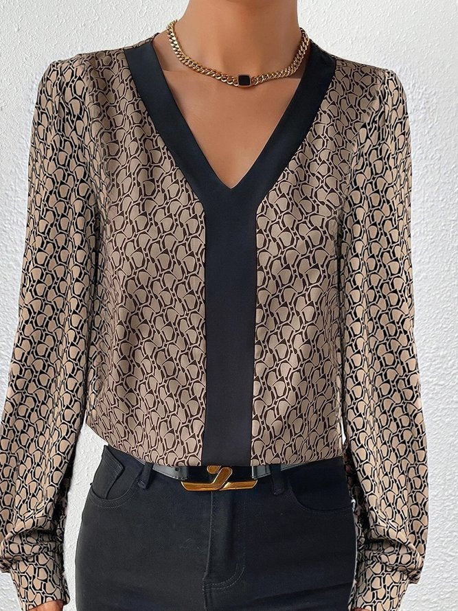 Fashion V Neck Long Sleeve Geometric Loose Regular Blouse