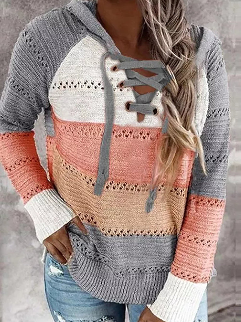 Loose Long Sleeve Hooded Color Block Fashion Regular Sweater