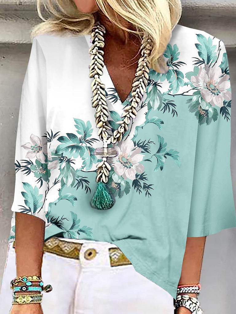 Fashion Half Sleeve V Neck Floral Loose Regular Blouse