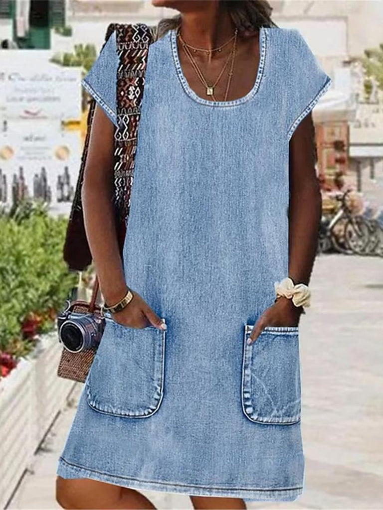 Fashion Short Sleeve Scoop Neck Plain Loose Short Dress