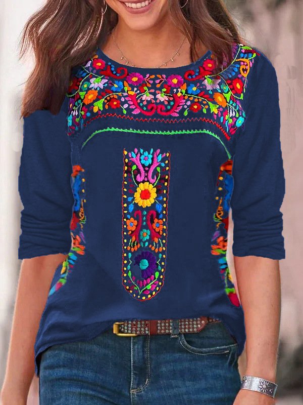 Fashion Crew Neck Long Sleeve Ethnic Casual Regular T-Shirt