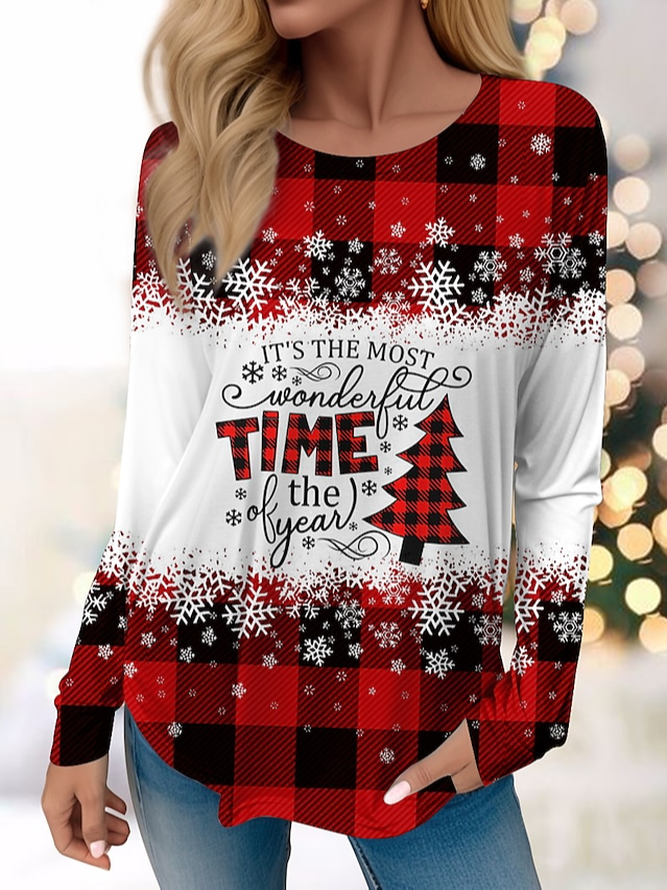 Fashion Crew Neck Long Sleeve Plaid Casual Regular Blouses