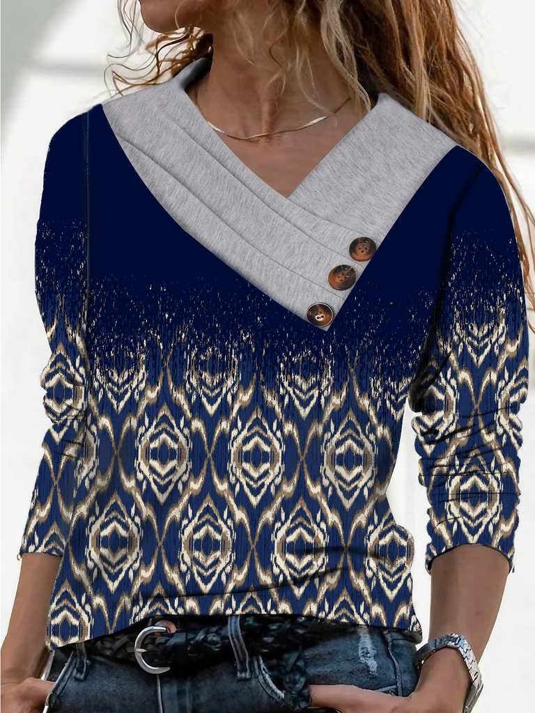 Fashion Long Sleeve Ethnic Floral Loose Regular Blouse