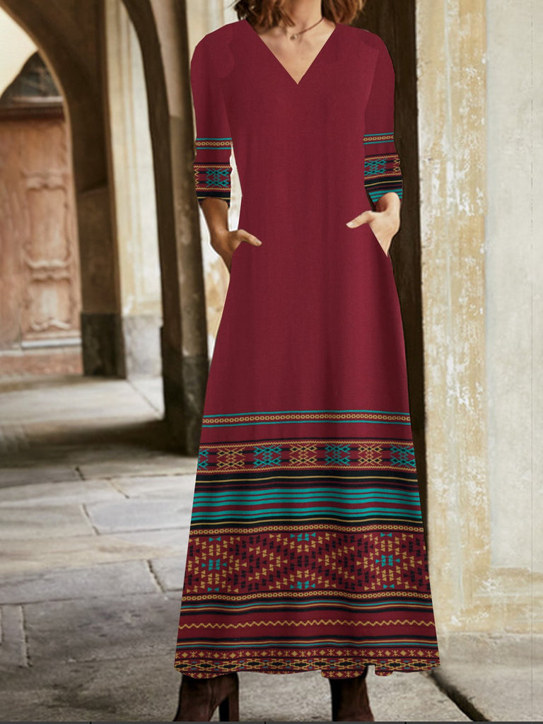 Vintage V Neck Long Sleeve Ethnic Maxi Dress