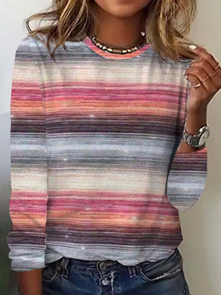 Fashion Crew Neck Long Sleeve Striped Loose Regular T-Shirt