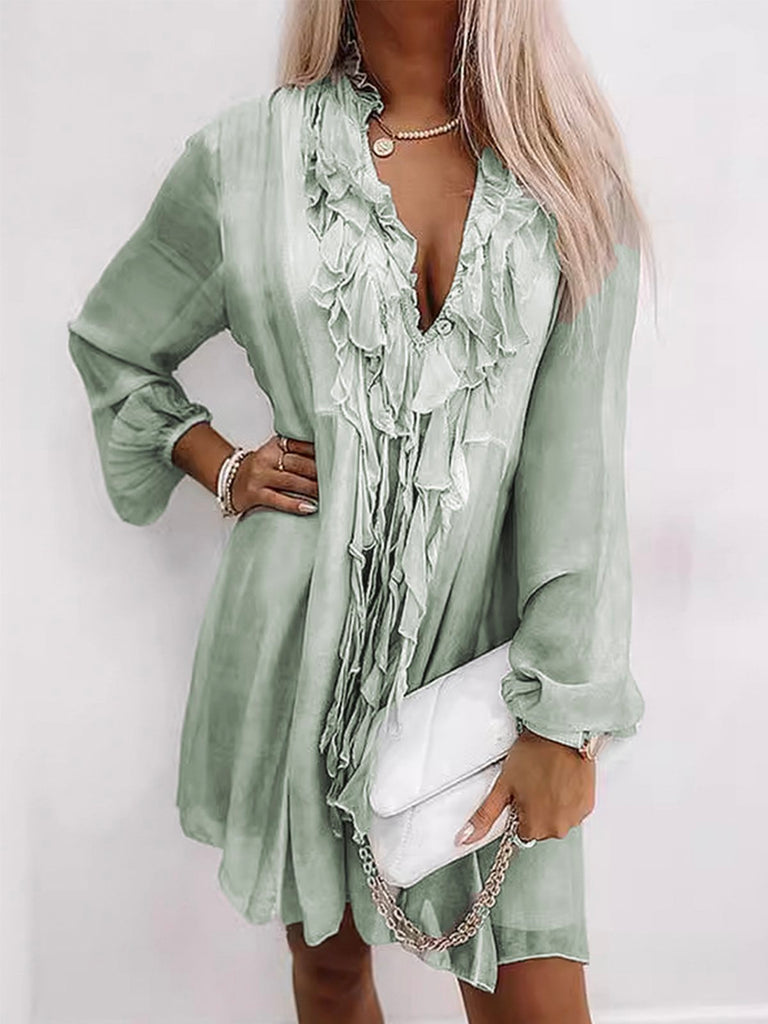 Fashion V Neck Long Sleeve Plain Loose Midi Dress