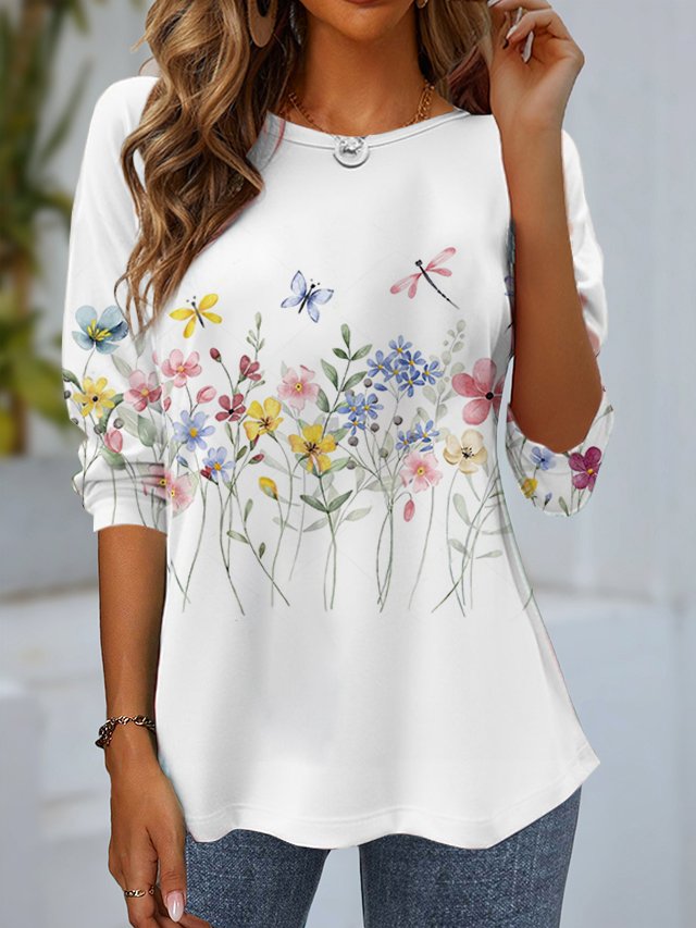 Casual Crew Neck Long Sleeve Floral Fashion Regular T-Shirt