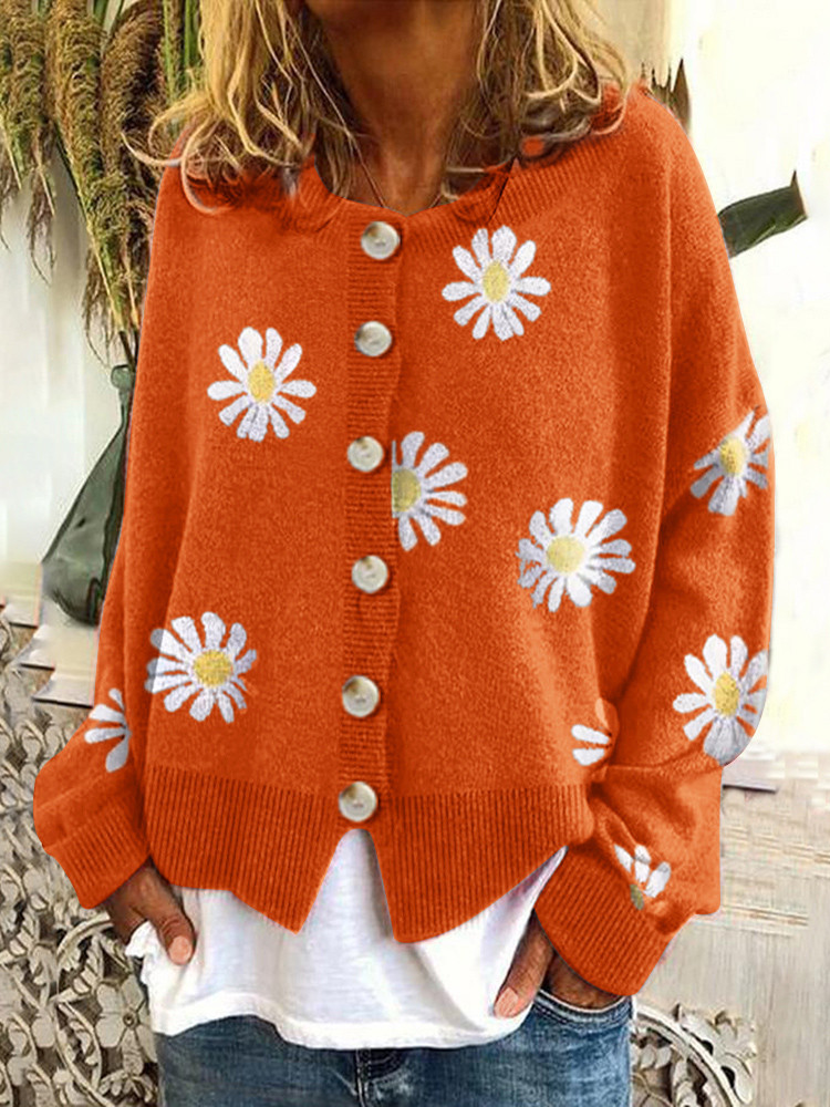 Fashion Long Sleeve Floral Loose Mid-Long Sweater