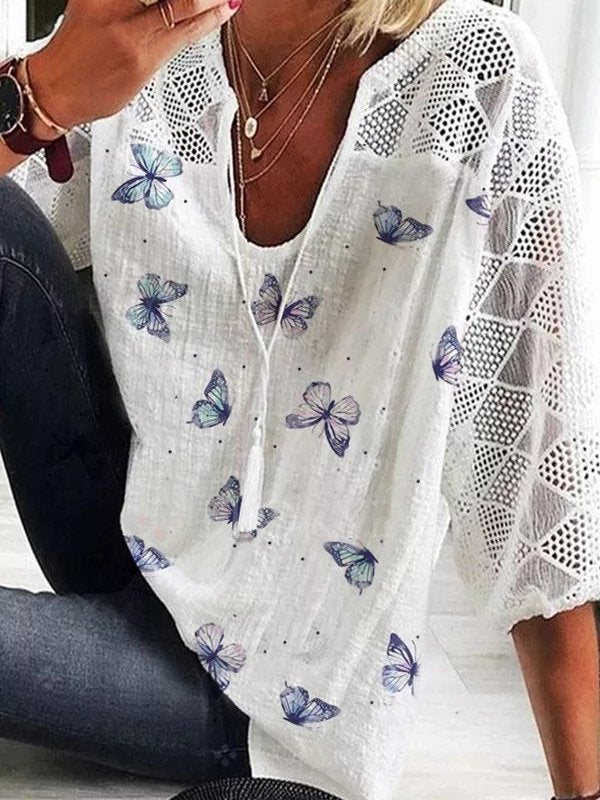 Loose 3/4 Sleeve Crew Neck Animal Picture Fashion Regular Blouse