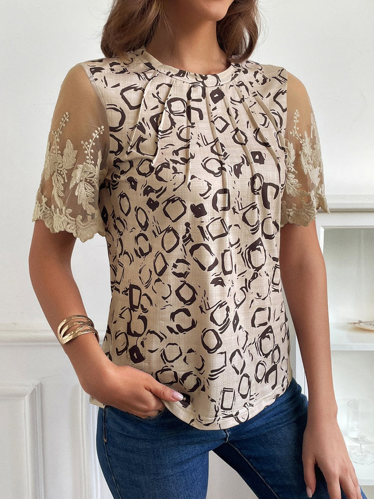Fashion Short Sleeve Crew Neck Geometric Loose Mid-Long Blouse