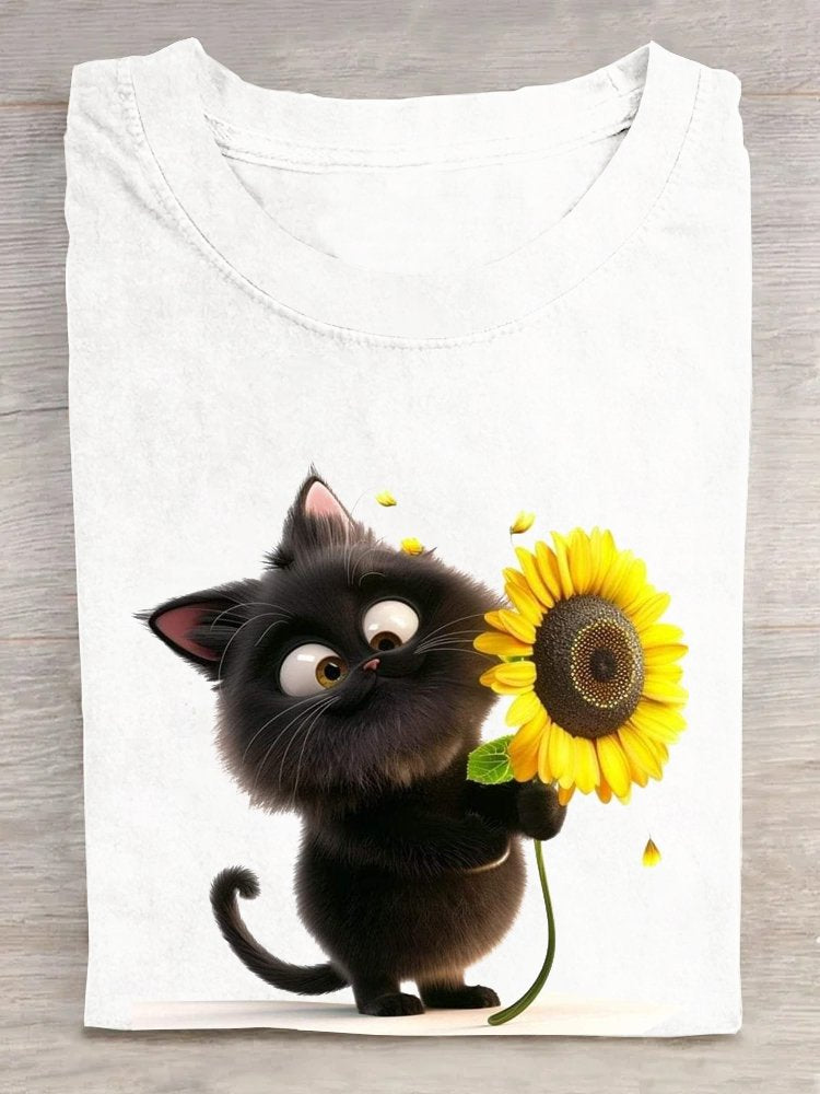 Casual Short Sleeve Crew Neck Cat Fashion Regular T-Shirt