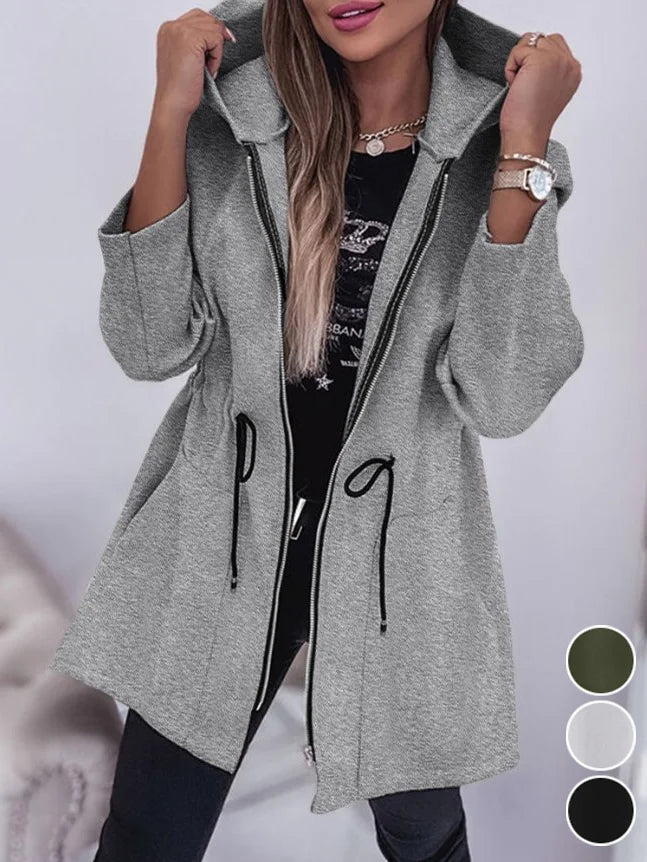 Loose Hoodie Long Sleeve Plain Zipper Fashion Mid-Long Jacket