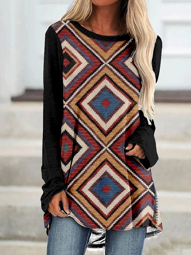Loose Crew Neck Long Sleeve Ethnic Geometry Vintage Mid-Long T-Shirt