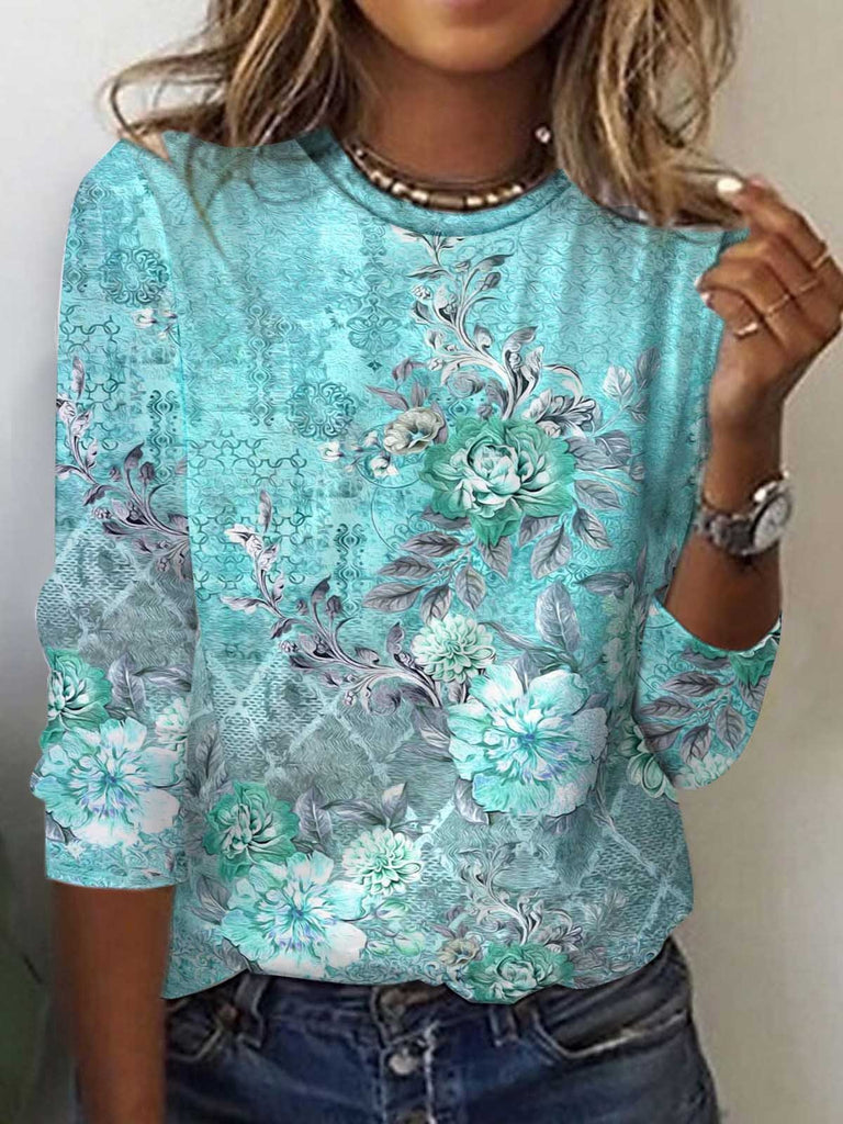 Loose Crew Neck Long Sleeve Floral Vintage Regular T-Shirt