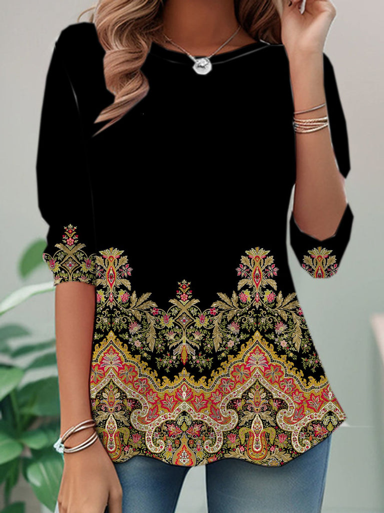 Fashion Crew Neck Long Sleeve Ethnic Casual Regular Blouses