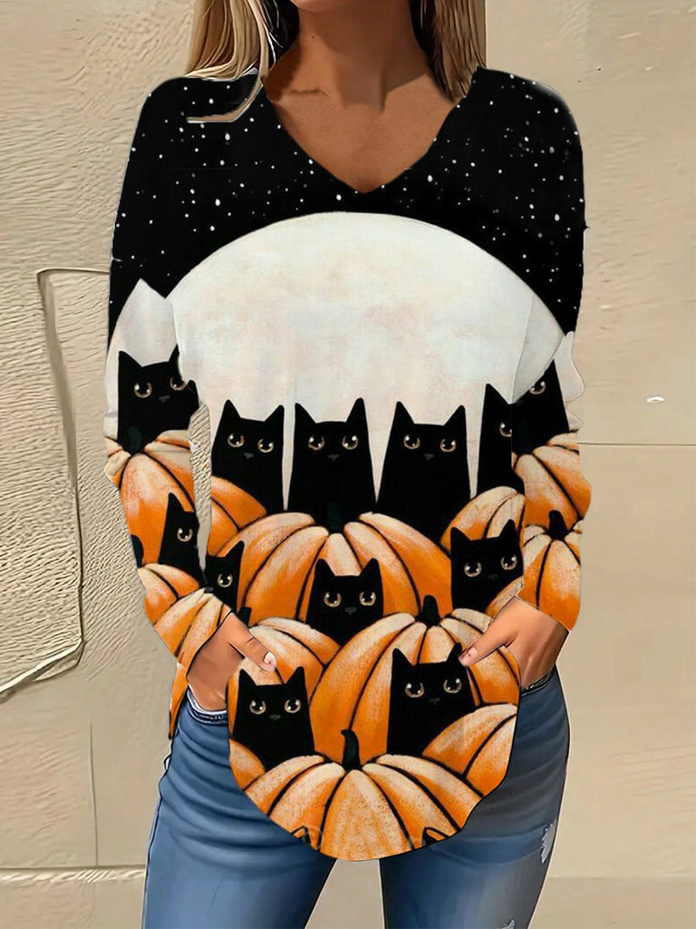 Fashion V Neck Long Sleeve Halloween Loose Regular Blouse
