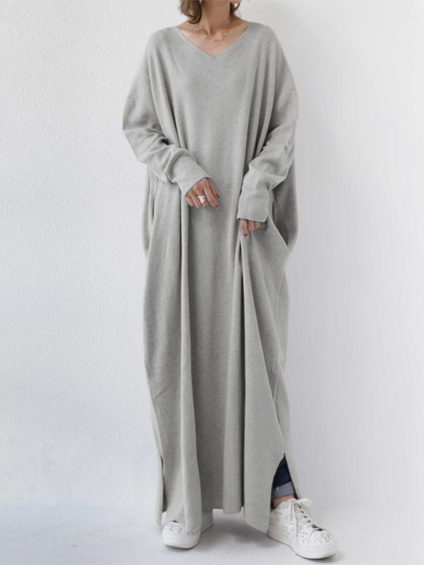 Fashion V Neck Long Sleeve Plain Loose Maxi Dress