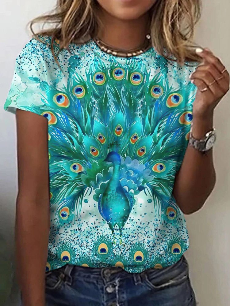 Casual Short Sleeve Crew Neck Peacock Fashion Regular T-Shirt