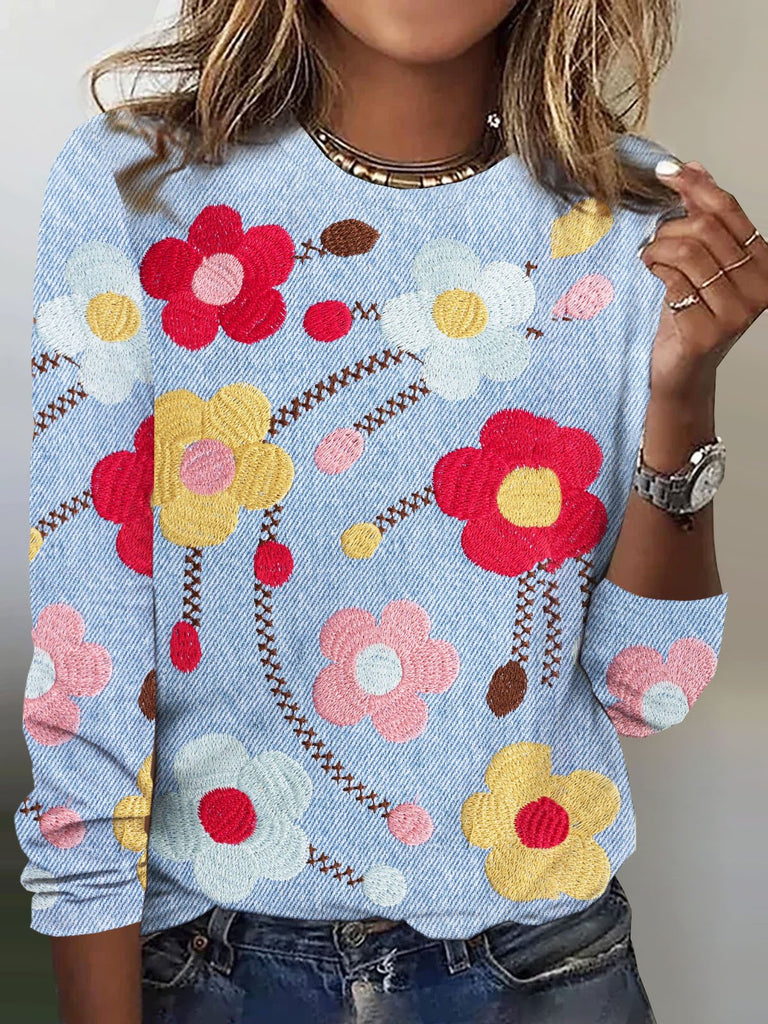 Casual Crew Neck Long Sleeve Floral Fashion Regular T-Shirt