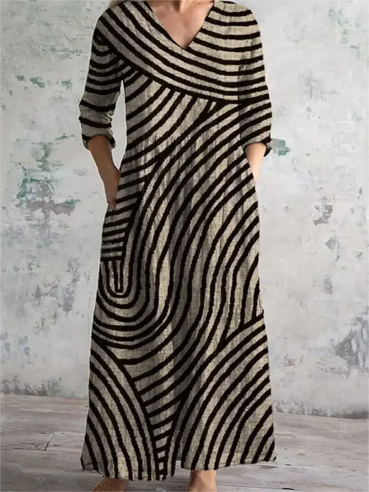 Vintage V Neck Long Sleeve Striped Maxi Dress