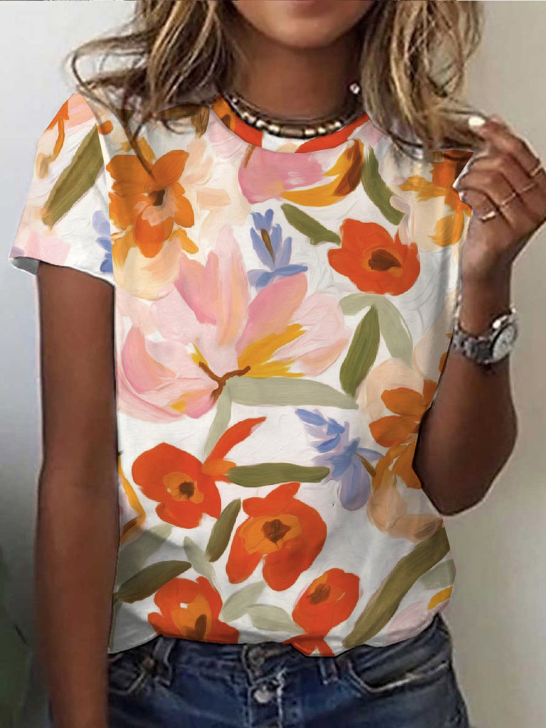 Fashion Short Sleeve Crew Neck Floral Casual Regular T-Shirt