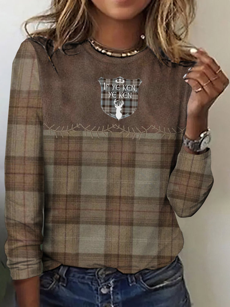Vintage Crew Neck Long Sleeve Plaid Regular T-Shirt