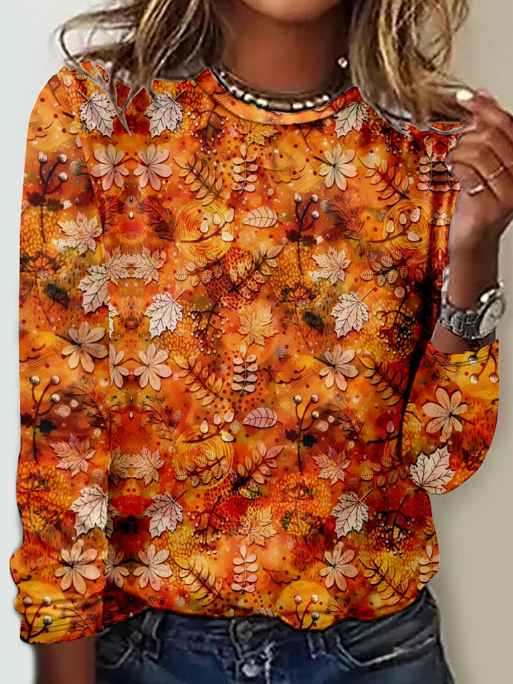 Casual Crew Neck Long Sleeve Floral Fashion Regular T-Shirt