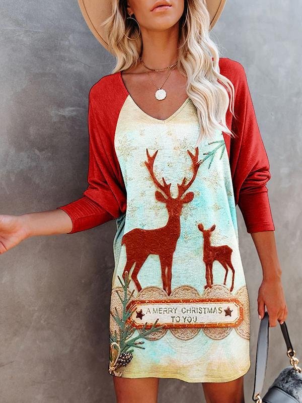 Fashion V Neck Long Sleeve Christmas Short Dress