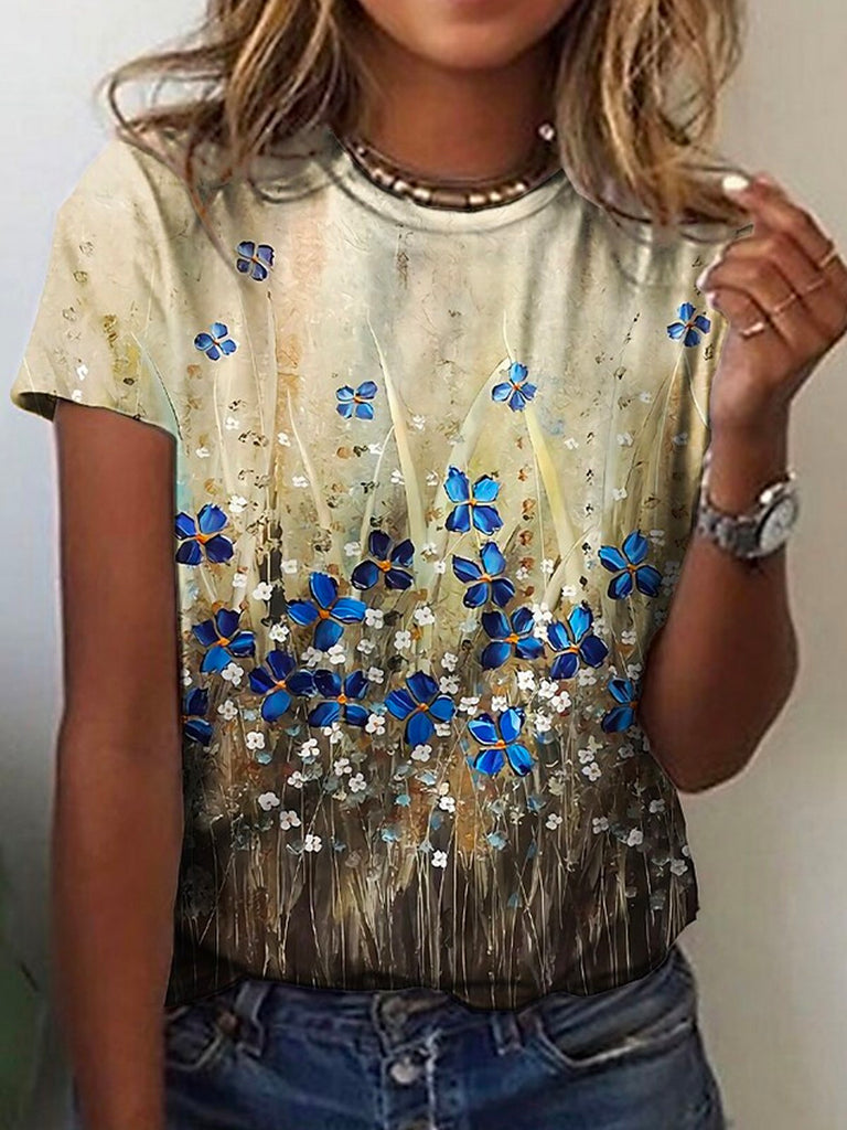 Crew Neck Short Sleeve Floral Casual Regular T-Shirt