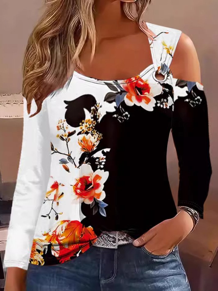 Fashion Crew Neck Long Sleeve Floral Regular Blouses