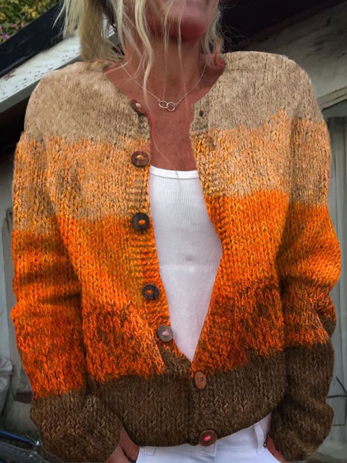 Crew Neck Long Sleeve Color Block Fashion Regular Cardigan