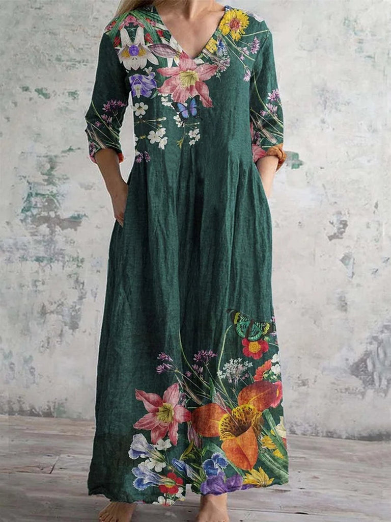 Fashion V Neck Long Sleeve Floral Maxi Dress