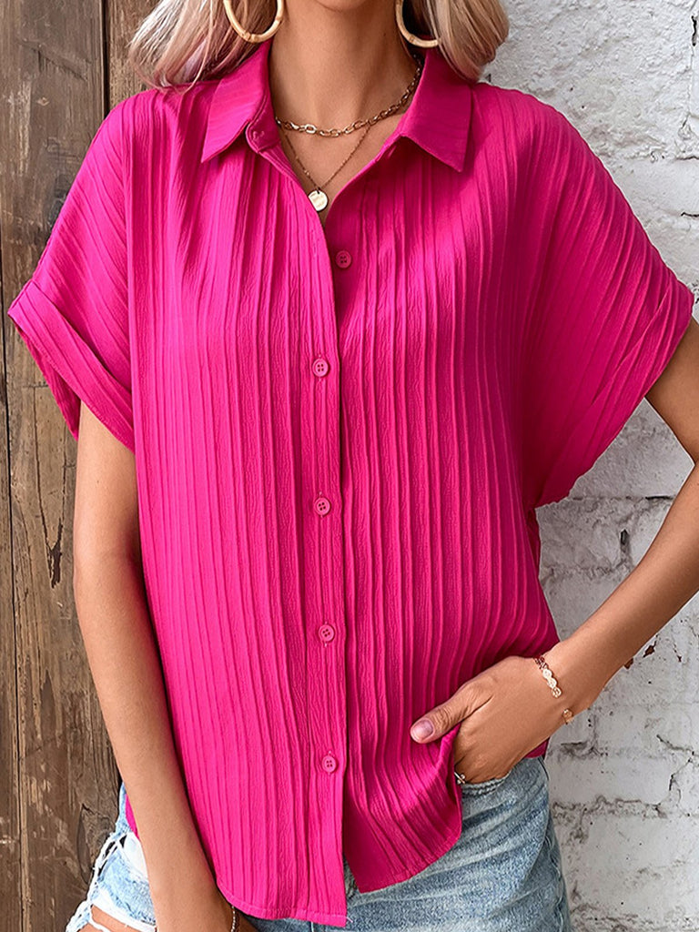 Loose Short Sleeve Shirt Collar Plain Fashion Regular Blouse