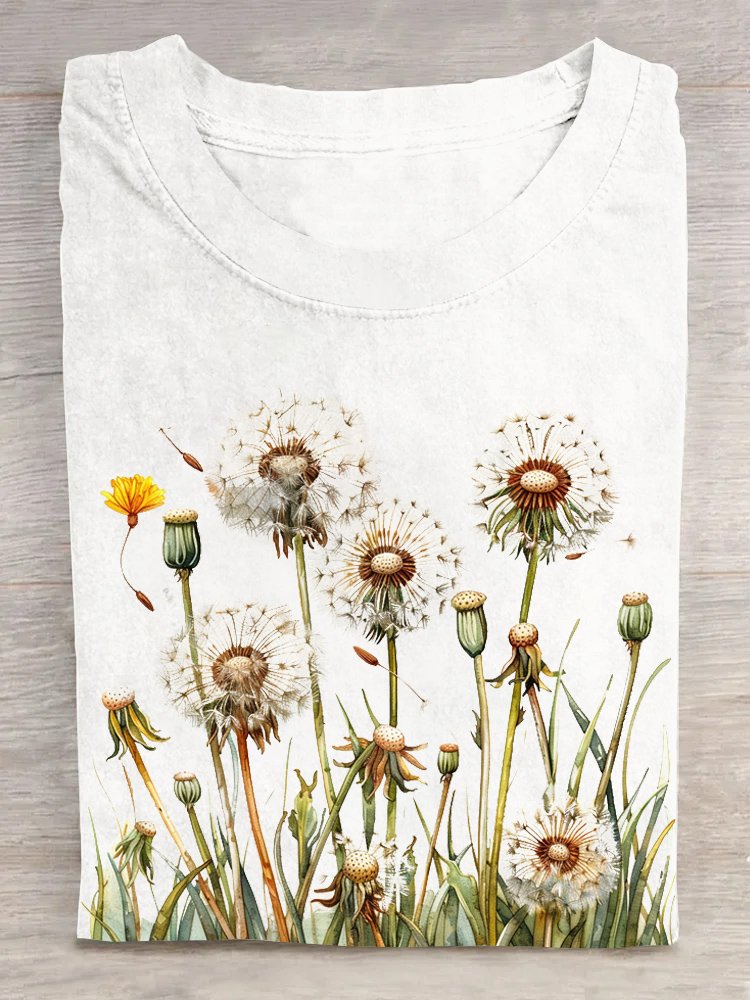 Fashion Short Sleeve Crew Neck Dandelion Casual Regular T-Shirt