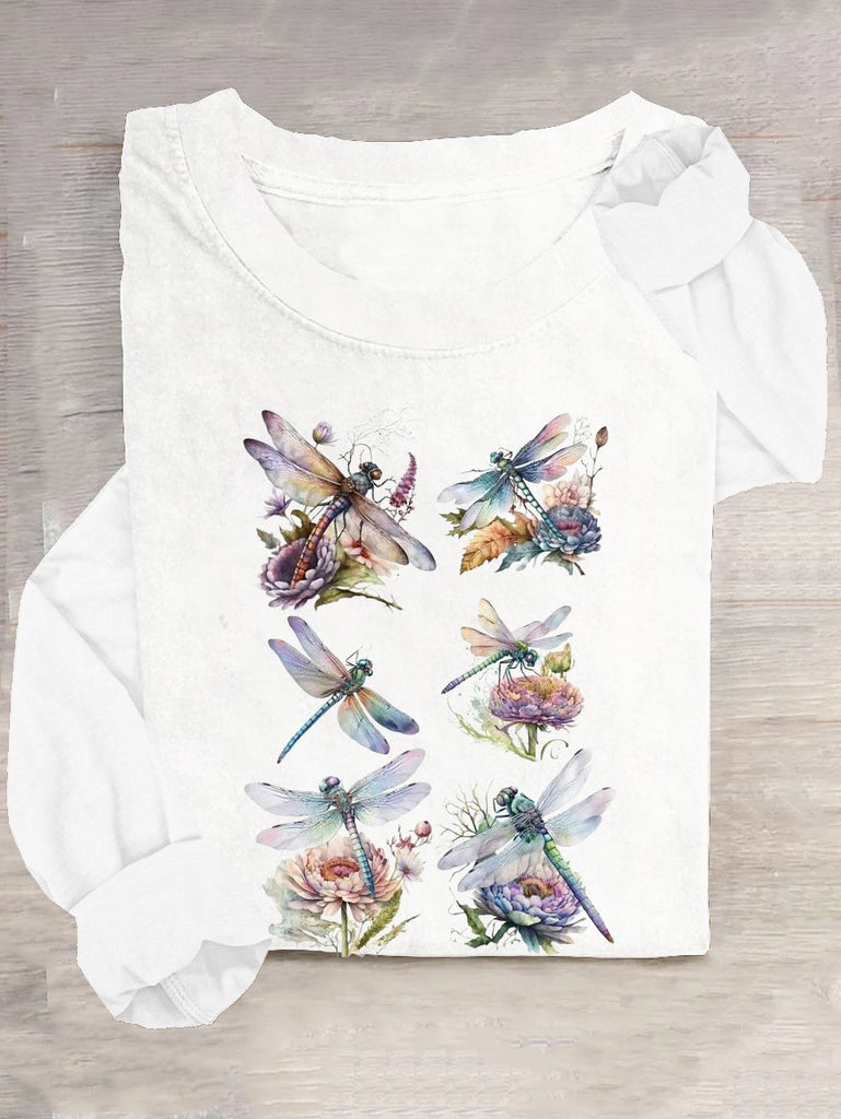 Casual Crew Neck Long Sleeve Floral Dragonfly Fashion Regular T-Shirt