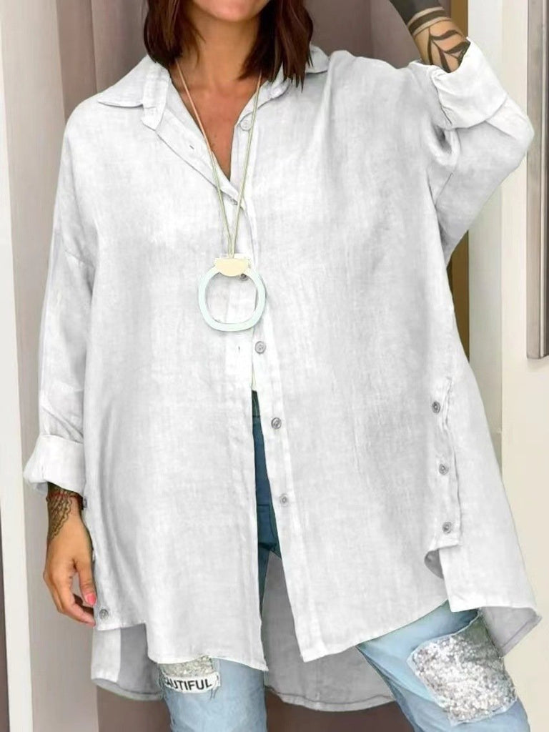 Fashion Long Sleeve Shirt Collar Plain Loose Mid-Long Shirt