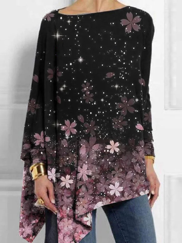 Loose Crew Neck Long Sleeve Floral Butterfly Fashion Mid-Long Blouses