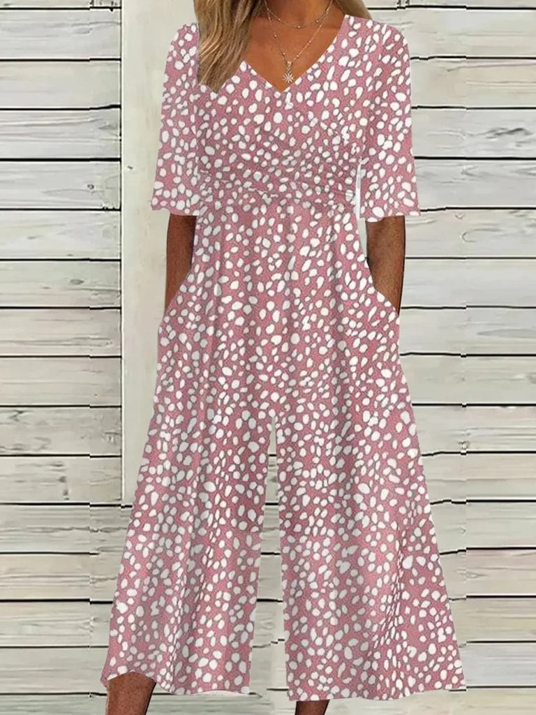 Loose V Neck Short Sleeve Polka Dots Fashion Ankle Jumpsuit