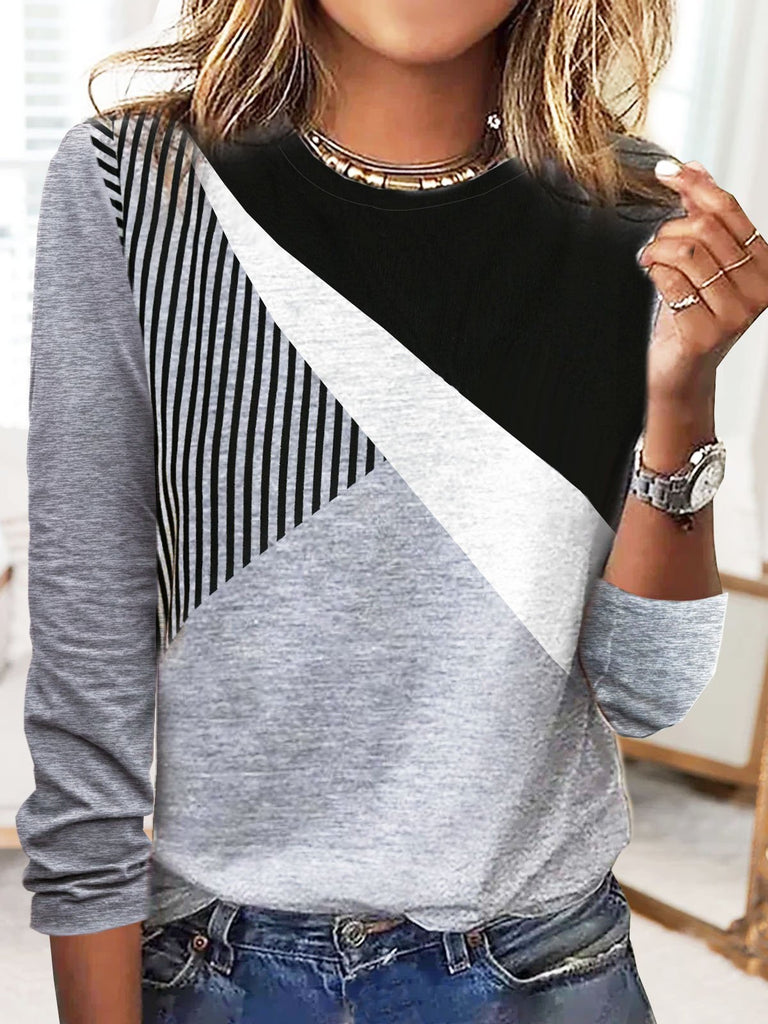 Loose Crew Neck Long Sleeve Striped Fashion Regular T-Shirt