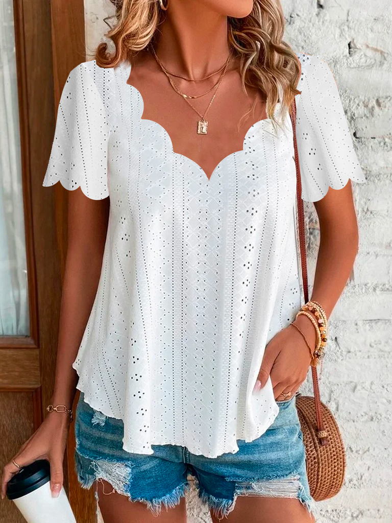 Loose V Neck Short Sleeve Plain Fashion Regular Blouses