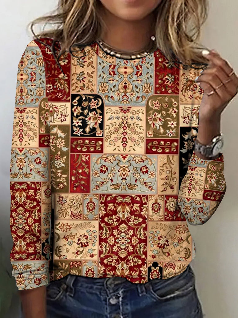 Crew Neck Long Sleeve Plaid Vintage Regular T-Shirt