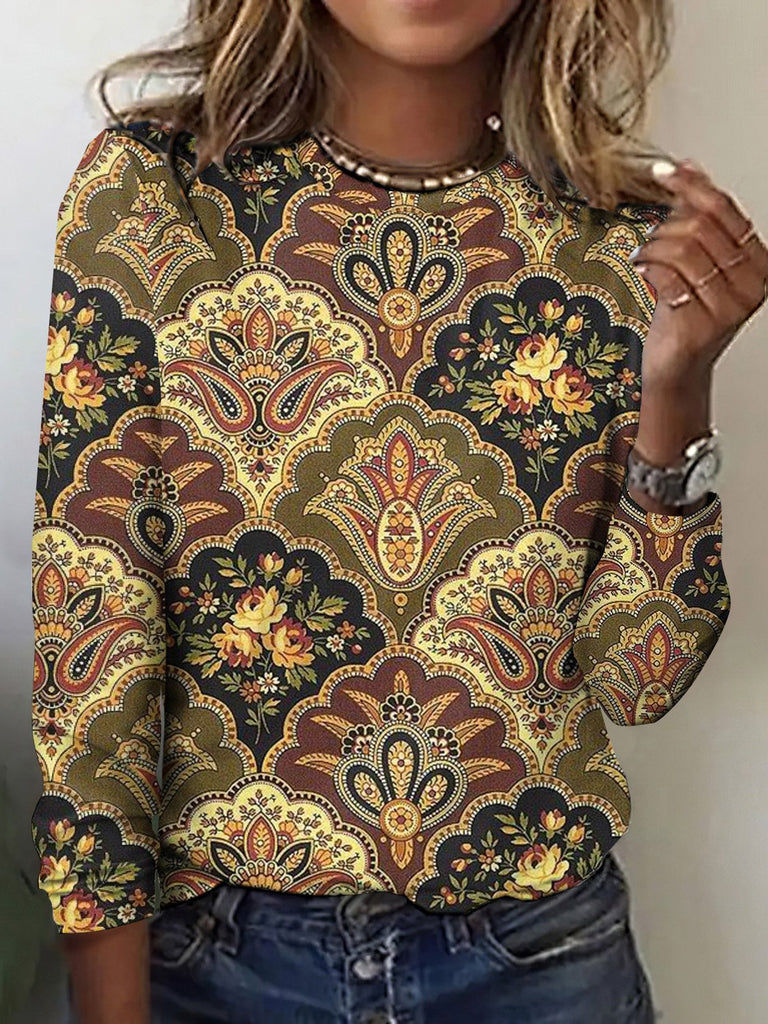 Vintage Crew Neck Long Sleeve Plaid Regular T-Shirt