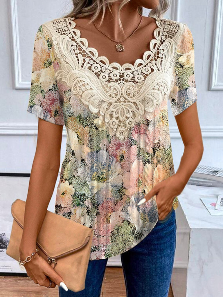 Fashion Short Sleeve Crew Neck Floral Loose Regular Blouse