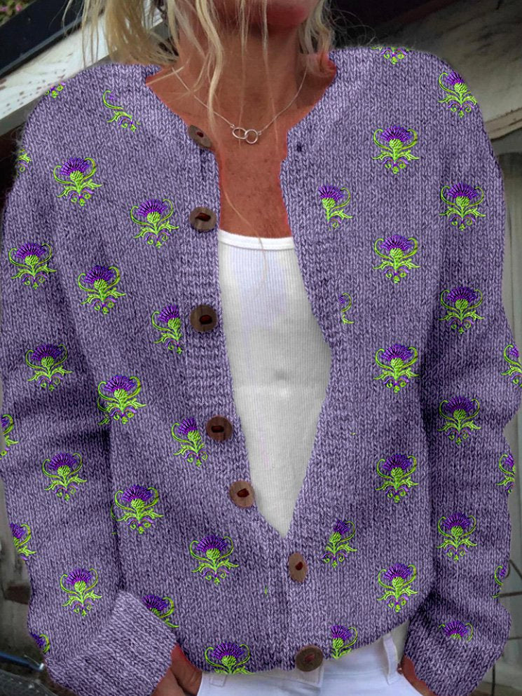 Loose Stand Collar Long Sleeve Floral Fashion Regular Cardigan